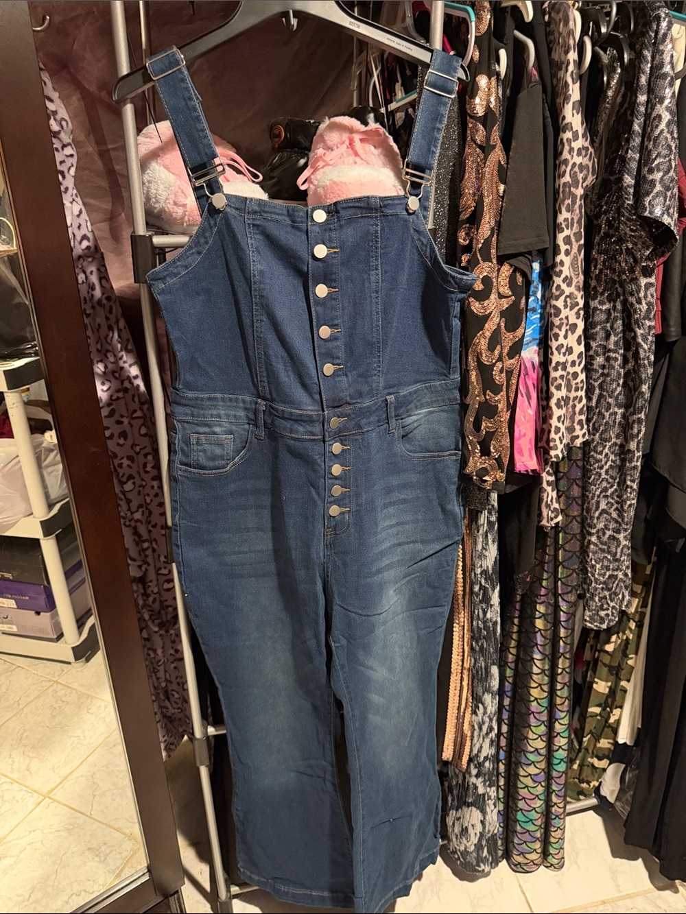 NWOT Denim Button-Front Wide-Leg Overalls - Blue
